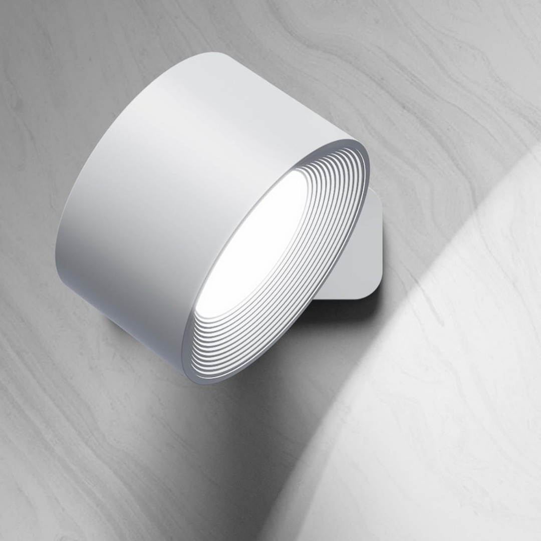 Applique murale LED 360° sans fil en bois, noir ou blanc, éclairage uniforme, rechargeable, pour intérieur ou extérieur.