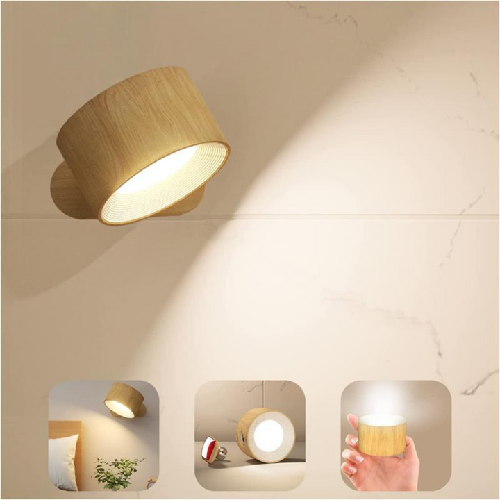 Applique murale LED 360° sans fil en bois, noir ou blanc, éclairage uniforme, rechargeable, pour intérieur ou extérieur.