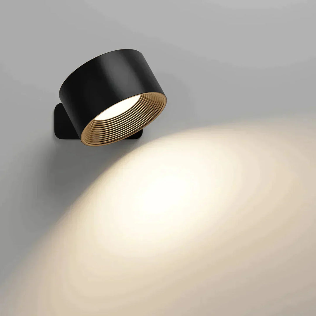Applique murale LED 360° sans fil en bois, noir ou blanc, éclairage uniforme, rechargeable, pour intérieur ou extérieur.