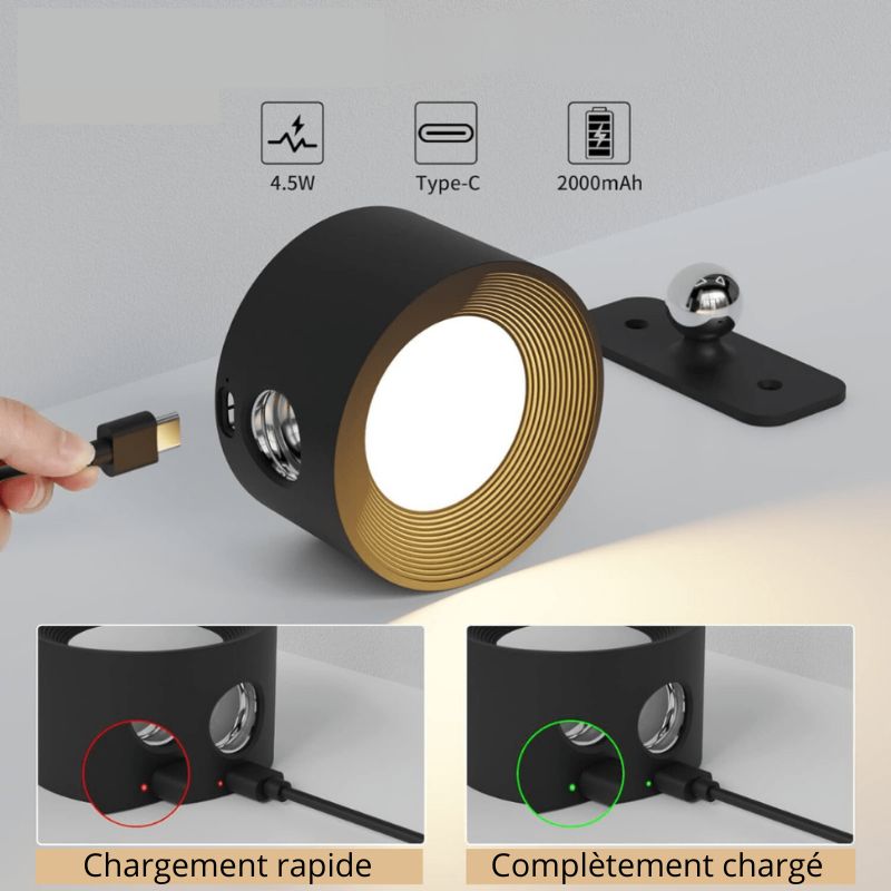 Applique murale LED 360° sans fil en bois, noir ou blanc, éclairage uniforme, rechargeable, pour intérieur ou extérieur.