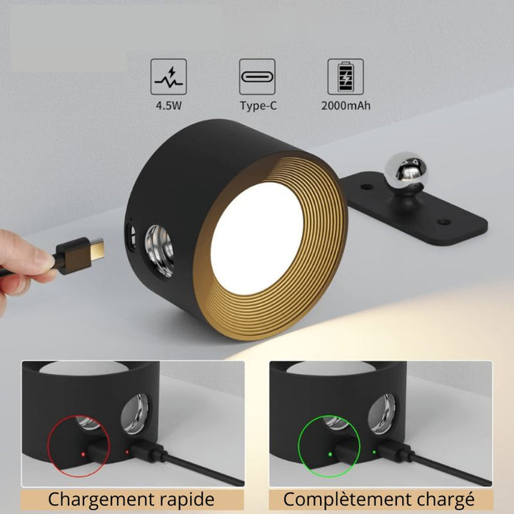 Applique murale LED 360° sans fil en bois, noir ou blanc, éclairage uniforme, rechargeable, pour intérieur ou extérieur.