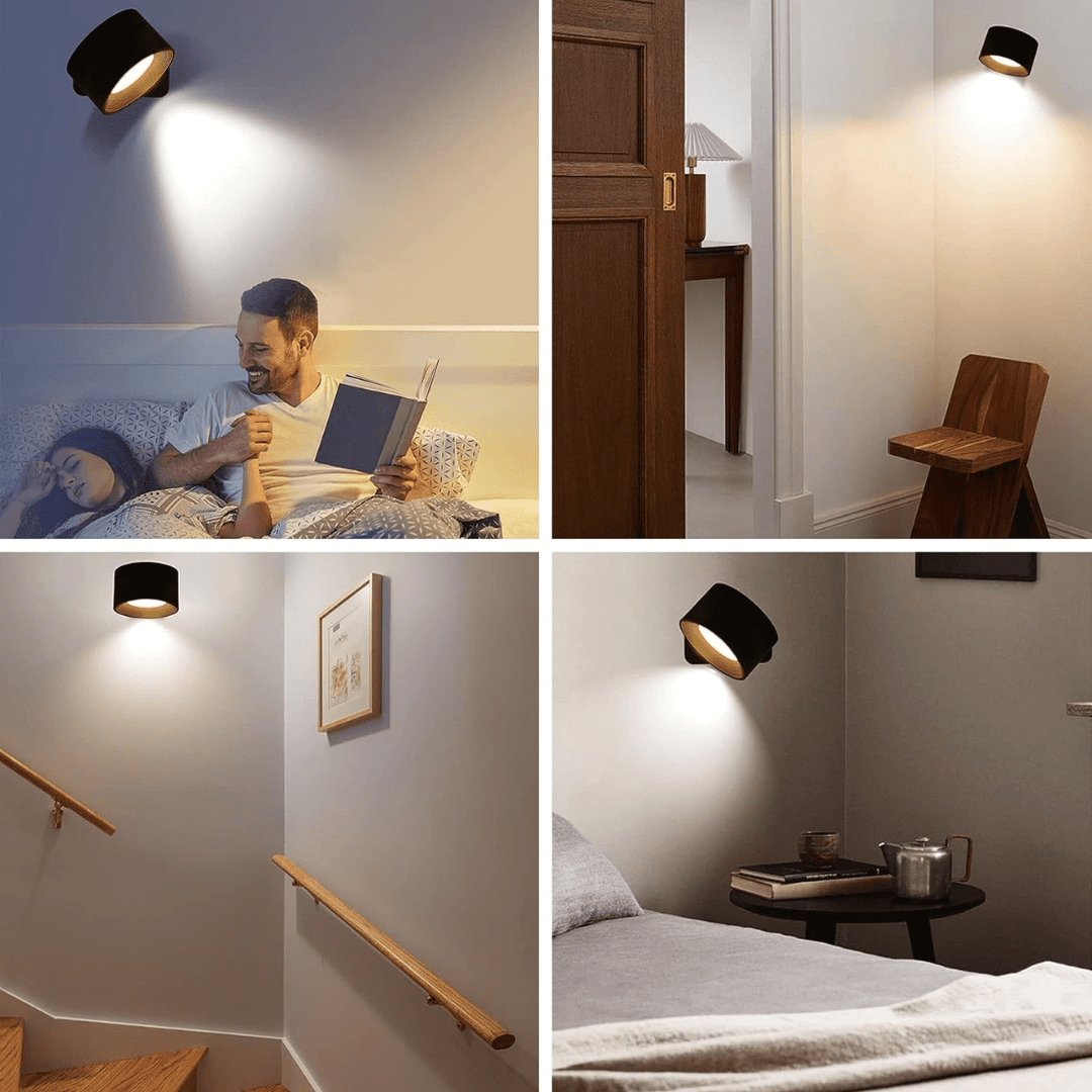 Applique murale LED 360° sans fil en bois, noir ou blanc, éclairage uniforme, rechargeable, pour intérieur ou extérieur.
