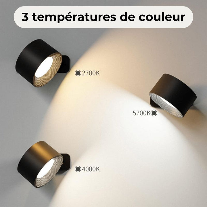 Applique murale LED 360° sans fil en bois, noir ou blanc, éclairage uniforme, rechargeable, pour intérieur ou extérieur.