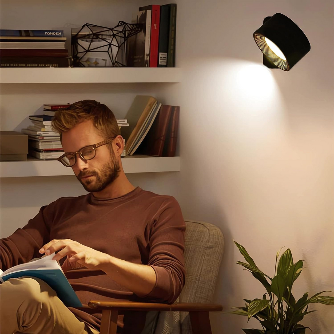 Applique murale LED 360° sans fil en bois, noir ou blanc, éclairage uniforme, rechargeable, pour intérieur ou extérieur.