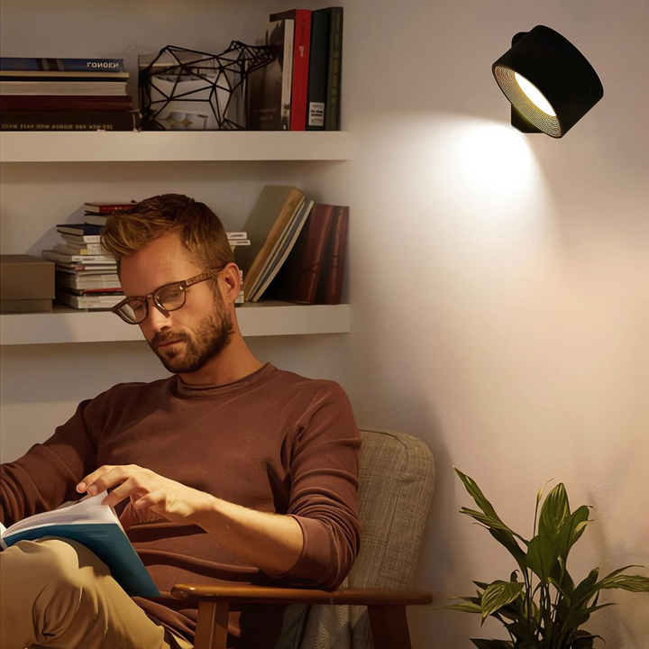 Applique murale LED 360° sans fil en bois, noir ou blanc, éclairage uniforme, rechargeable, pour intérieur ou extérieur.