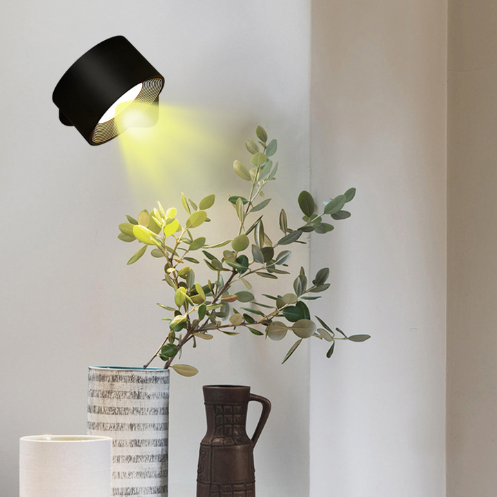 Applique murale LED 360° sans fil en bois, noir ou blanc, éclairage uniforme, rechargeable, pour intérieur ou extérieur.