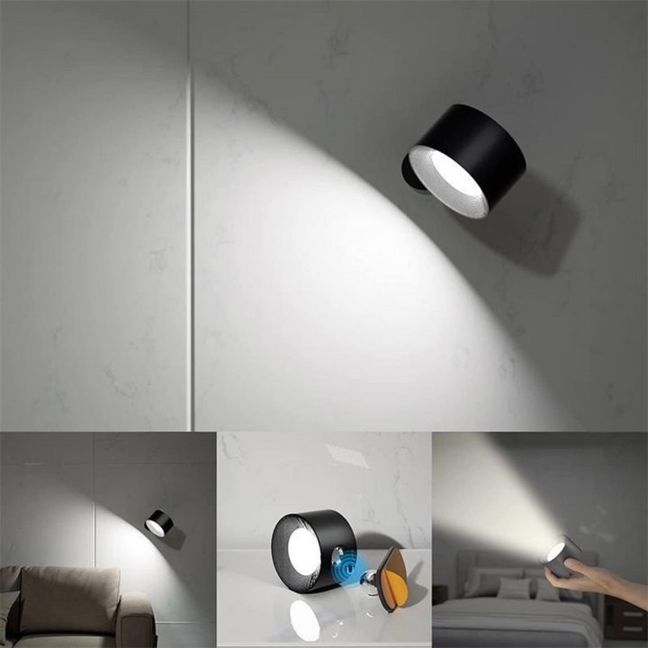 Applique murale LED 360° sans fil en bois, noir ou blanc, éclairage uniforme, rechargeable, pour intérieur ou extérieur.