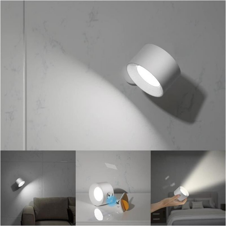 Applique murale LED 360° sans fil en bois, noir ou blanc, éclairage uniforme, rechargeable, pour intérieur ou extérieur.