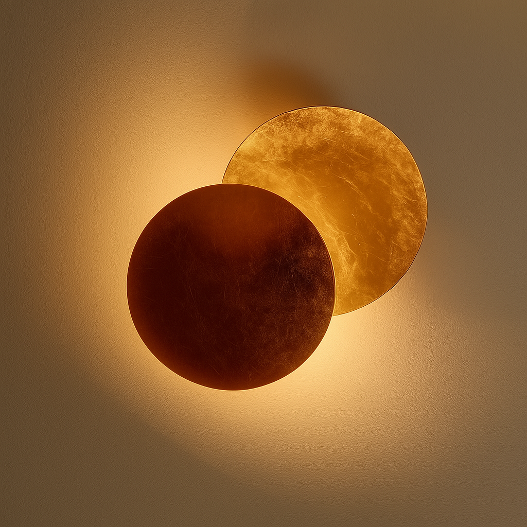 "Applique murale LED moderne, design éclipse scandinave, structure cuivre, finition laiton doré, lumière douce."