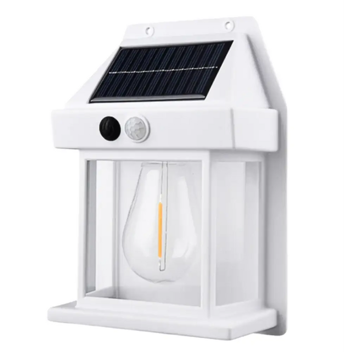 "Applique murale solaire blanche avec capteur de mouvement, étanche, économique, 400 lumens pour éclairage extérieur."