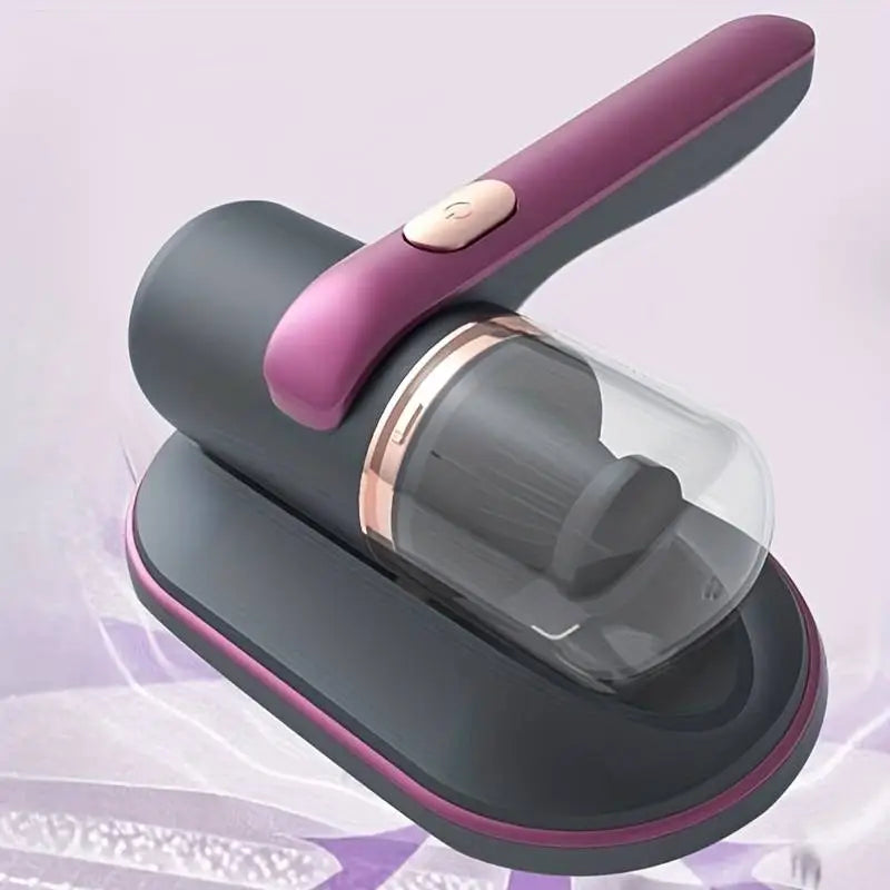 "Aspirateur à main sans fil avec UV, blanc et violet, puissant pour éliminer poussière, acariens et allergènes du lit."