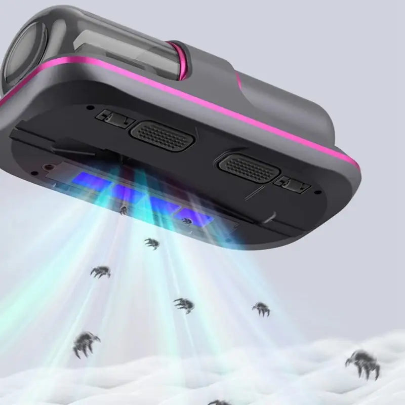 "Aspirateur à main sans fil avec UV, blanc et violet, puissant pour éliminer poussière, acariens et allergènes du lit."