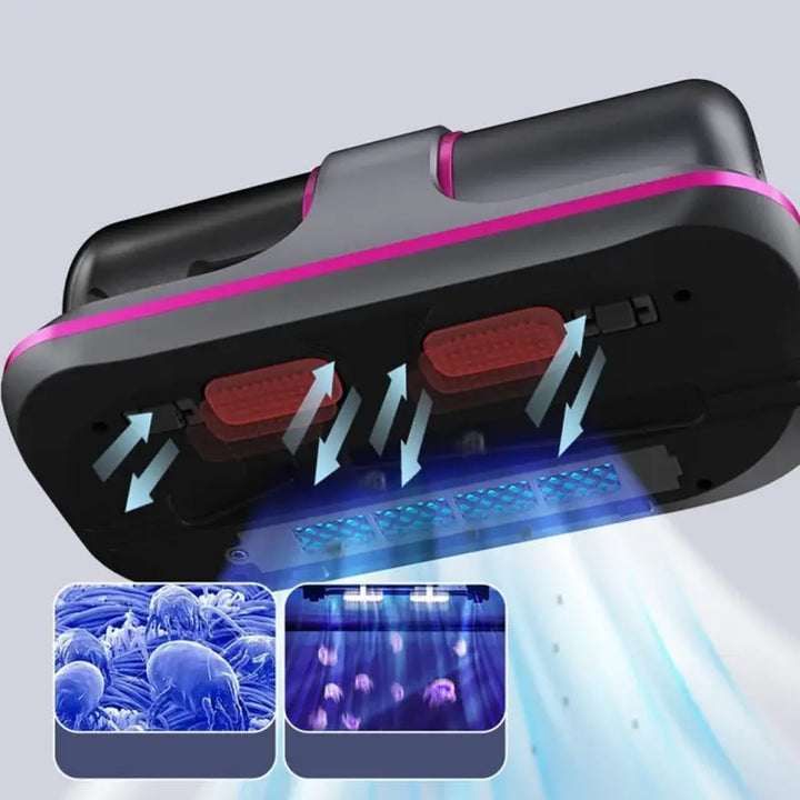 "Aspirateur à main sans fil avec UV, blanc et violet, puissant pour éliminer poussière, acariens et allergènes du lit."
