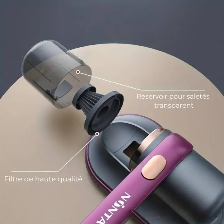 "Aspirateur à main sans fil avec UV, blanc et violet, puissant pour éliminer poussière, acariens et allergènes du lit."