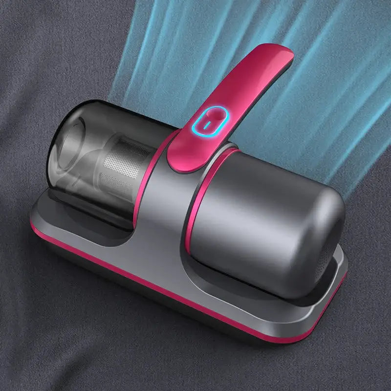 "Aspirateur à main sans fil avec UV, blanc et violet, puissant pour éliminer poussière, acariens et allergènes du lit."