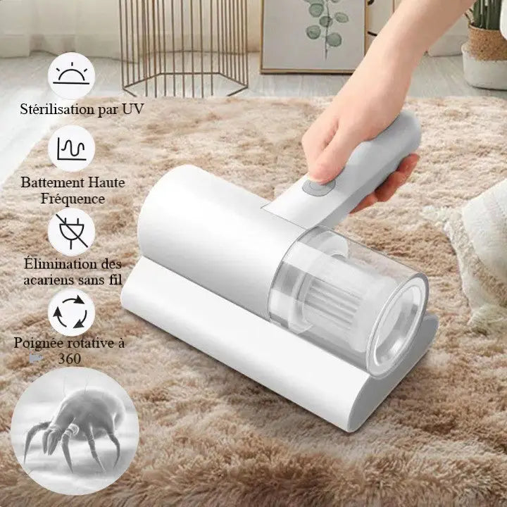 "Aspirateur à main sans fil avec UV, blanc et violet, puissant pour éliminer poussière, acariens et allergènes du lit."