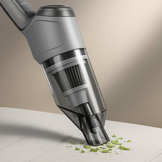 "Aspirateur de voiture sans fil avec aspiration 12000PA, compact, gris et vert, idéal pour nettoyage efficace des véhicules."