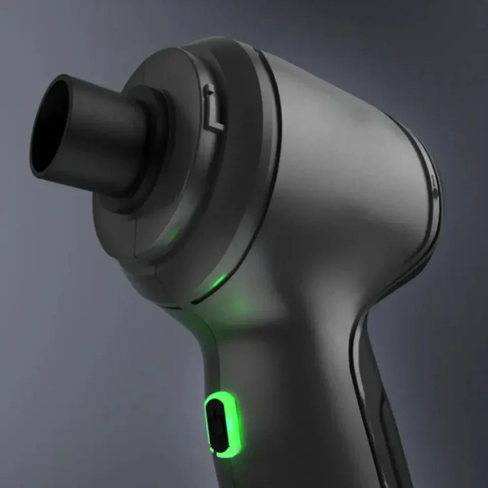 "Aspirateur souffleur design compact 2-en-1 performant pour nettoyage efficace maison voiture, filtre lavable, USB-C charge."