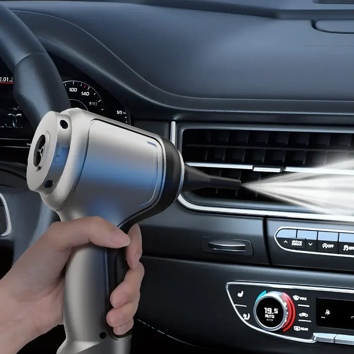 "Aspirateur souffleur design compact 2-en-1 performant pour nettoyage efficace maison voiture, filtre lavable, USB-C charge."