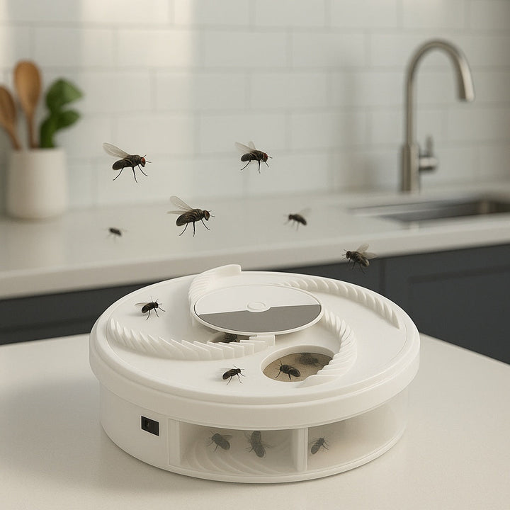 "Attrape-mouche électrique LED compact, USB, plastique blanc, attire et capture les mouches sans produits chimiques nuisibles
