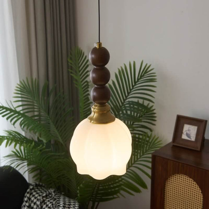 Suspension élégante en verre, bois et métal - Luminaire design