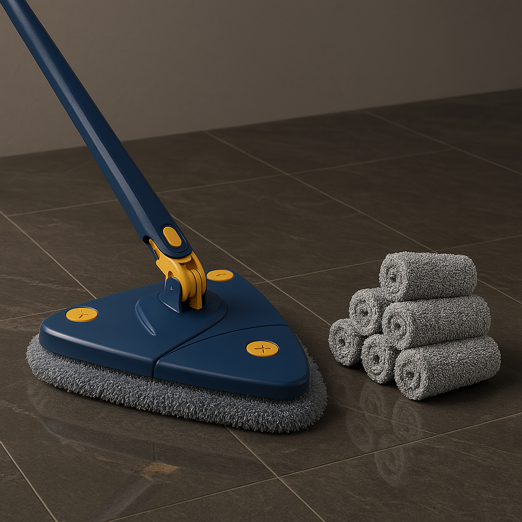 Balai avec tête rotative 360° et 6 serpillières microfibres, design triangulaire pour coins difficiles, nettoyage efficace.