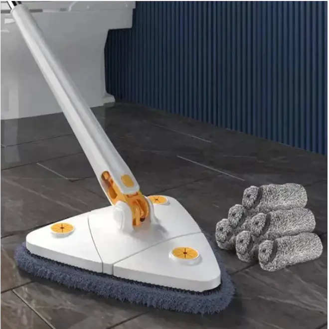 Balai avec tête rotative 360° et 6 serpillières microfibres, design triangulaire pour coins difficiles, nettoyage efficace.