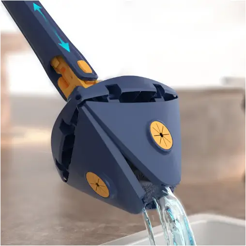 Balai avec tête rotative 360° et 6 serpillières microfibres, design triangulaire pour coins difficiles, nettoyage efficace.
