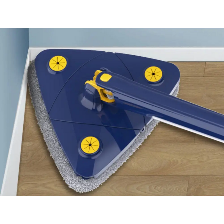 Balai avec tête rotative 360° et 6 serpillières microfibres, design triangulaire pour coins difficiles, nettoyage efficace.
