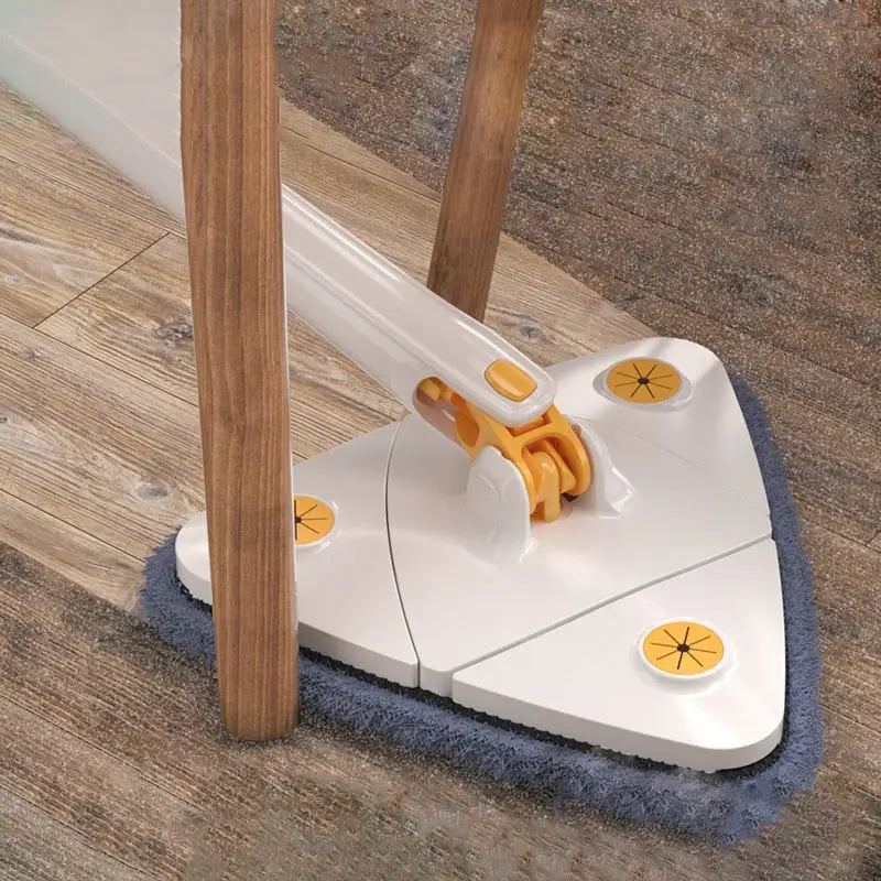 Balai avec tête rotative 360° et 6 serpillières microfibres, design triangulaire pour coins difficiles, nettoyage efficace.