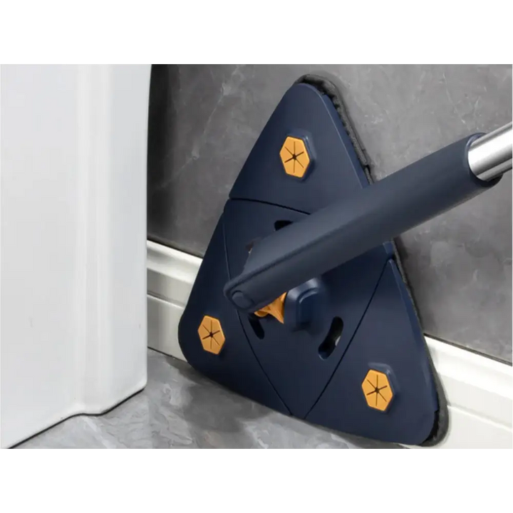 Balai avec tête rotative 360° et 6 serpillières microfibres, design triangulaire pour coins difficiles, nettoyage efficace.