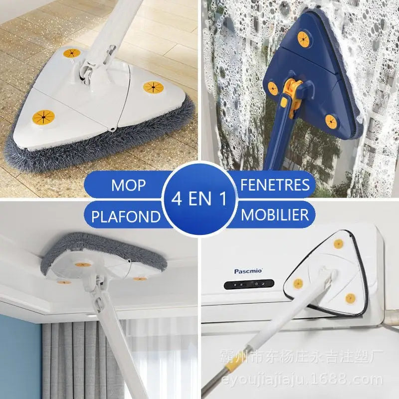 Balai avec tête rotative 360° et 6 serpillières microfibres, design triangulaire pour coins difficiles, nettoyage efficace.