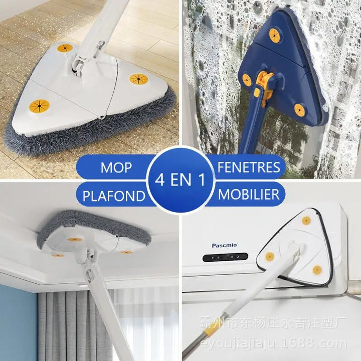 Balai avec tête rotative 360° et 6 serpillières microfibres, design triangulaire pour coins difficiles, nettoyage efficace.
