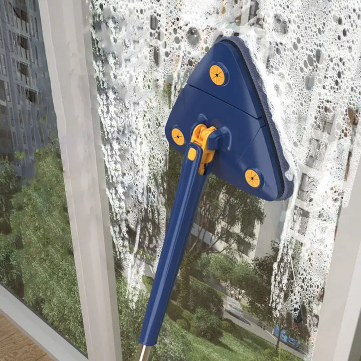 Balai avec tête rotative 360° et 6 serpillières microfibres, design triangulaire pour coins difficiles, nettoyage efficace.