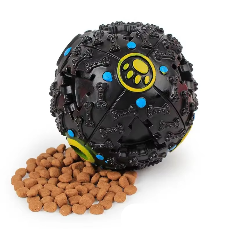 "Balle interactive pour chien, couleur vive, distributeur de friandises, stimulation mentale, son intégré, jeu durable."