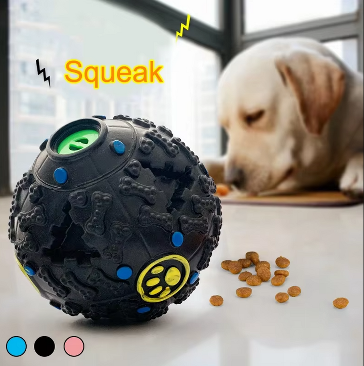 "Balle interactive pour chien, couleur vive, distributeur de friandises, stimulation mentale, son intégré, jeu durable."