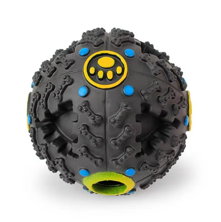 "Balle interactive pour chien, couleur vive, distributeur de friandises, stimulation mentale, son intégré, jeu durable."