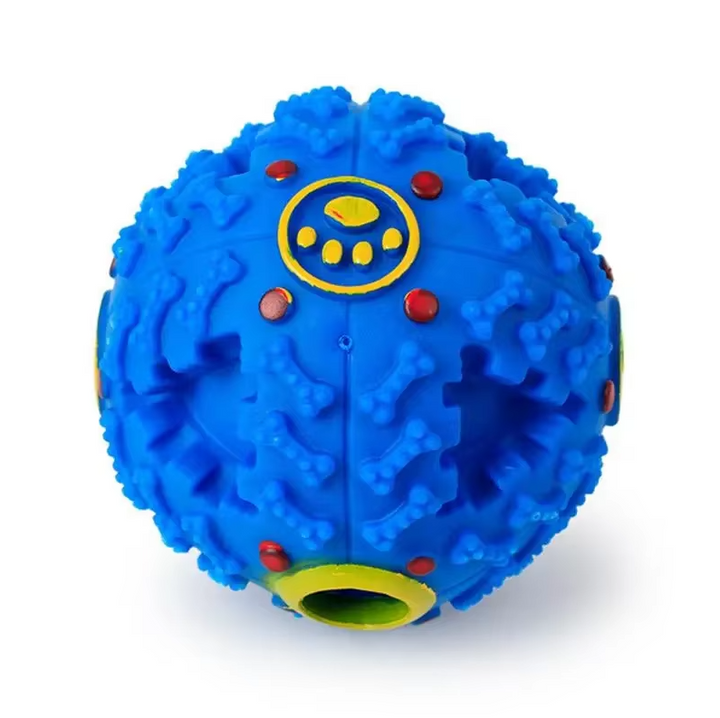 "Balle interactive pour chien, couleur vive, distributeur de friandises, stimulation mentale, son intégré, jeu durable."