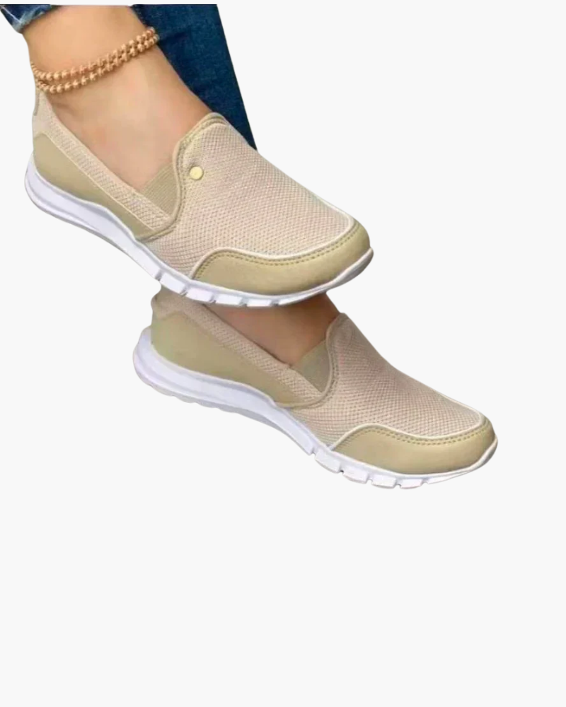 Basket sans lacets femme beige, design moderne et respirant, confort léger, idéal pour style décontracté.