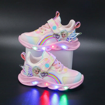 "Baskets LED enfant roses avec imprimé princesse, semelles antidérapantes pour sécurité et style"