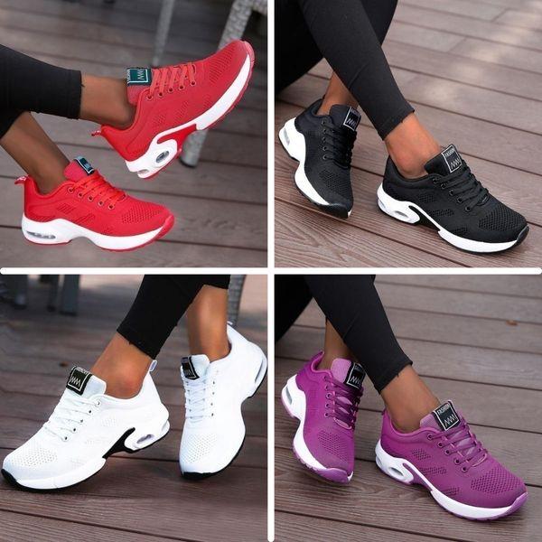 "Baskets orthopédiques confortables beige avec semelle amortissante en gel, offrant soutien et légèreté pour sportives."