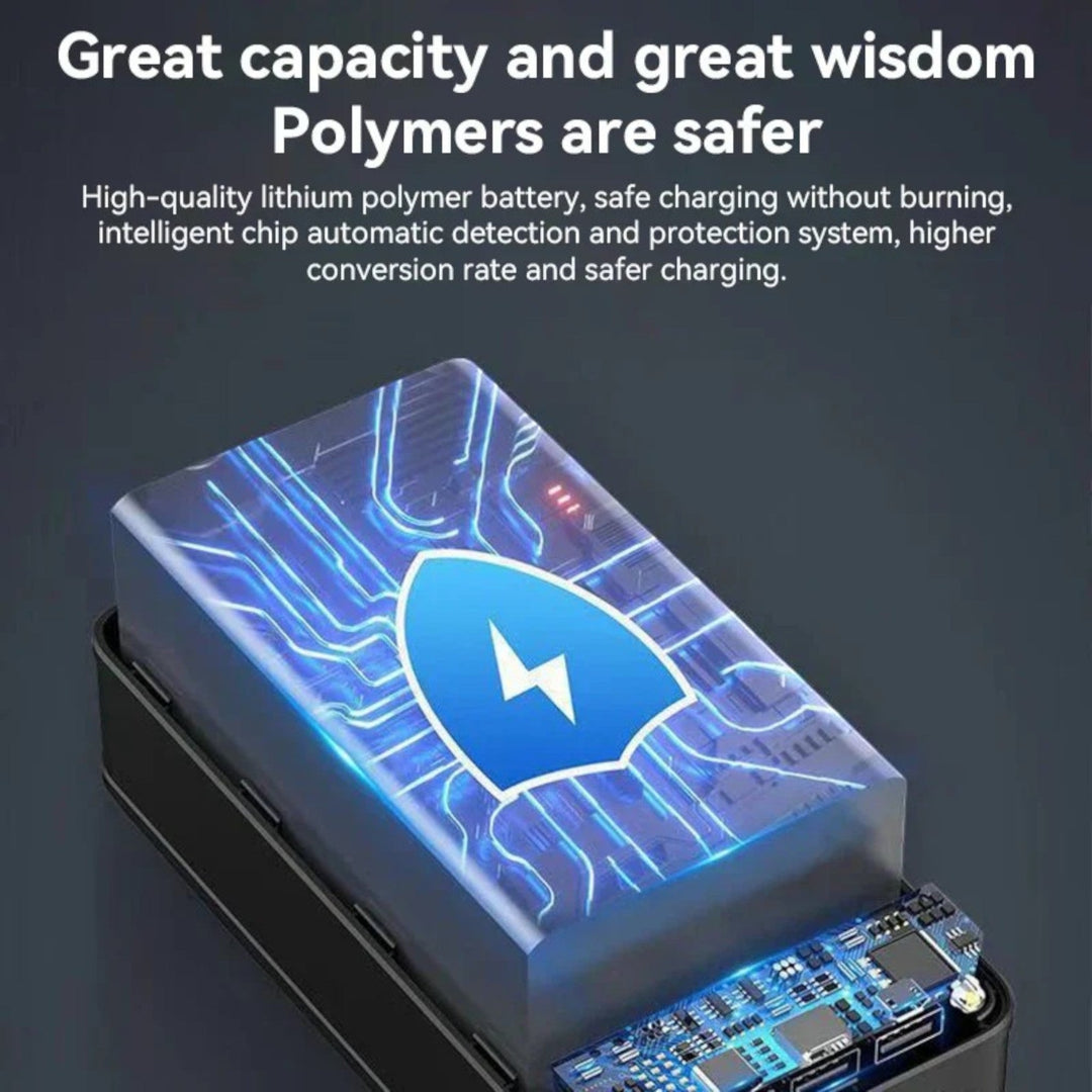 "Batterie externe 100.000mAh noire, design compact, haute capacité, chargement ultra-rapide, pour smartphones et ordinateurs.