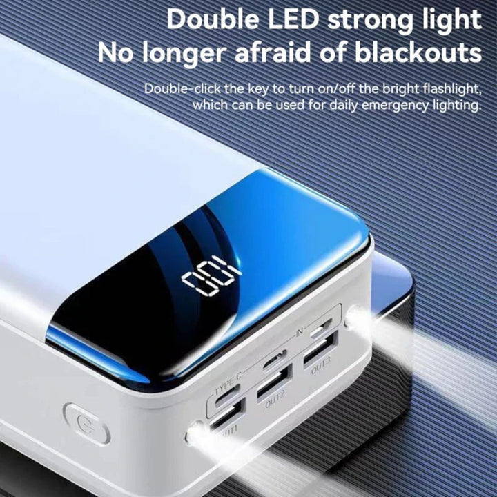 "Batterie externe 100.000mAh noire, design compact, haute capacité, chargement ultra-rapide, pour smartphones et ordinateurs.