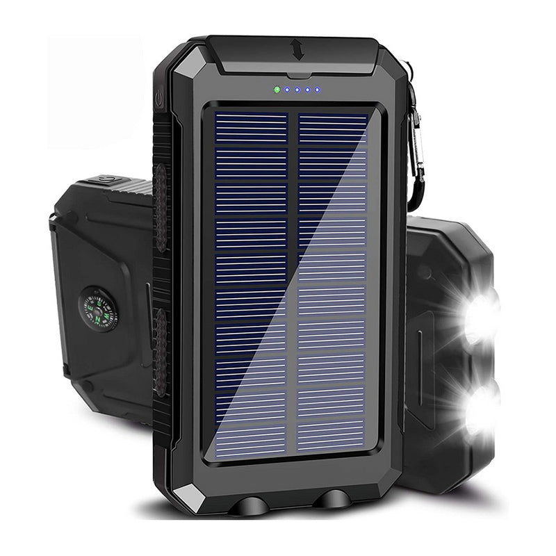 "Batterie solaire externe, charge rapide, étanche, design compact avec panneaux solaires, idéale pour activités en plein air.