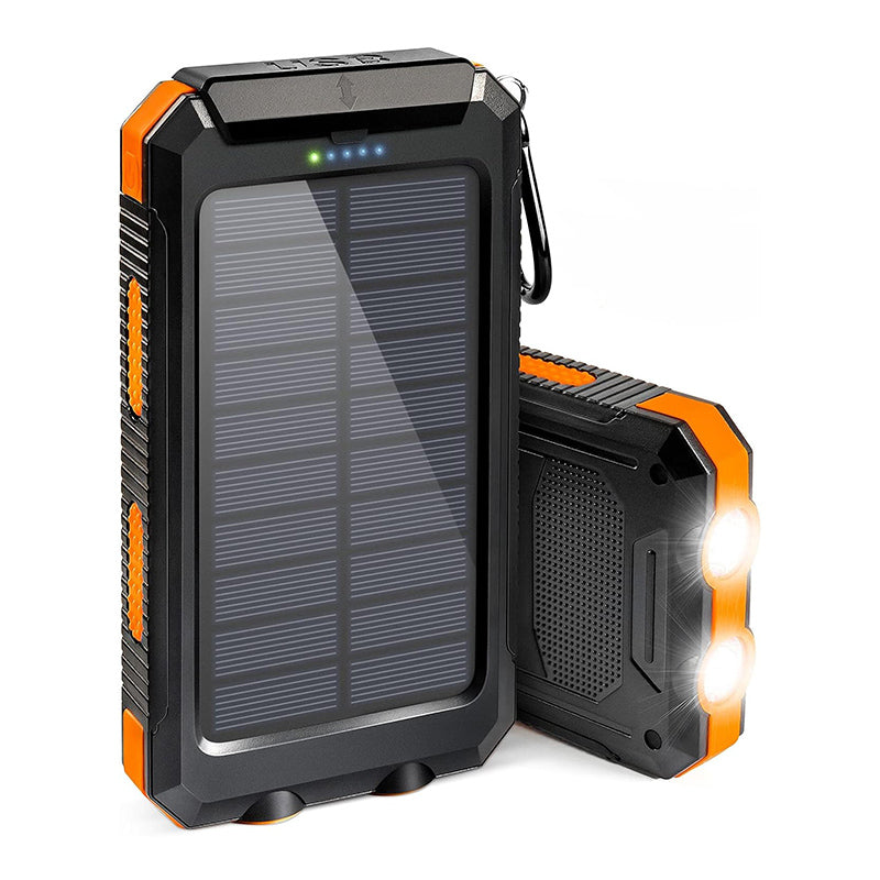 "Batterie solaire externe, charge rapide, étanche, design compact avec panneaux solaires, idéale pour activités en plein air.