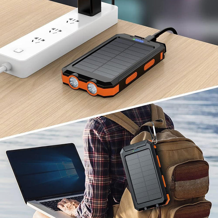 "Batterie solaire externe, charge rapide, étanche, design compact avec panneaux solaires, idéale pour activités en plein air.