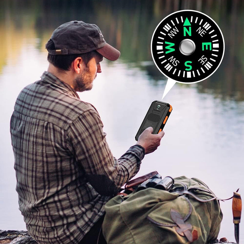"Batterie solaire externe, charge rapide, étanche, design compact avec panneaux solaires, idéale pour activités en plein air.