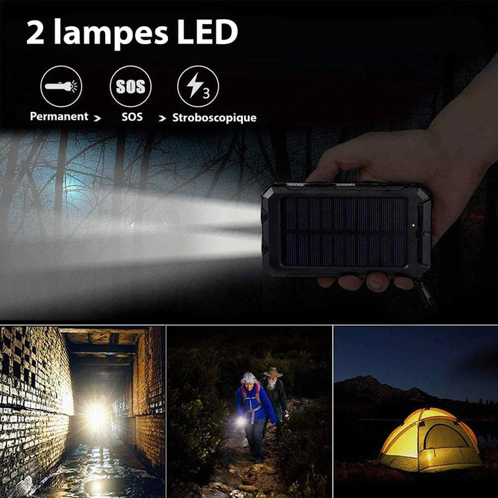 "Batterie solaire externe, charge rapide, étanche, design compact avec panneaux solaires, idéale pour activités en plein air.
