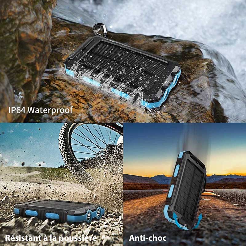 "Batterie solaire externe, charge rapide, étanche, design compact avec panneaux solaires, idéale pour activités en plein air.