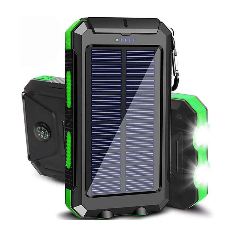 "Batterie solaire externe, charge rapide, étanche, design compact avec panneaux solaires, idéale pour activités en plein air.